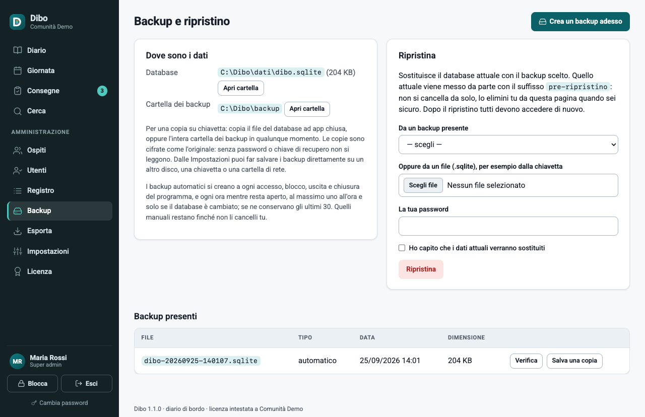 La pagina dei backup con le copie automatiche e manuali