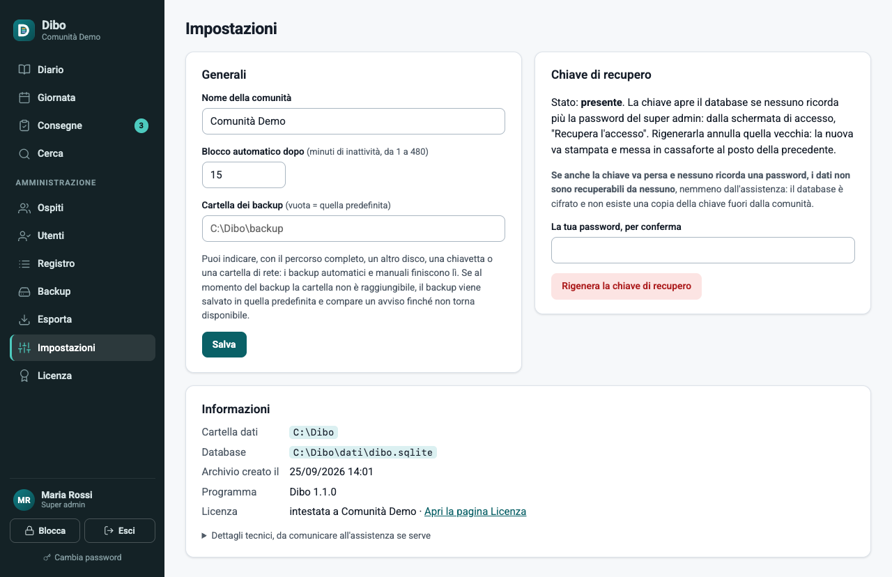 Le Impostazioni con nome della comunità, blocco automatico, cartella dei backup e chiave di recupero