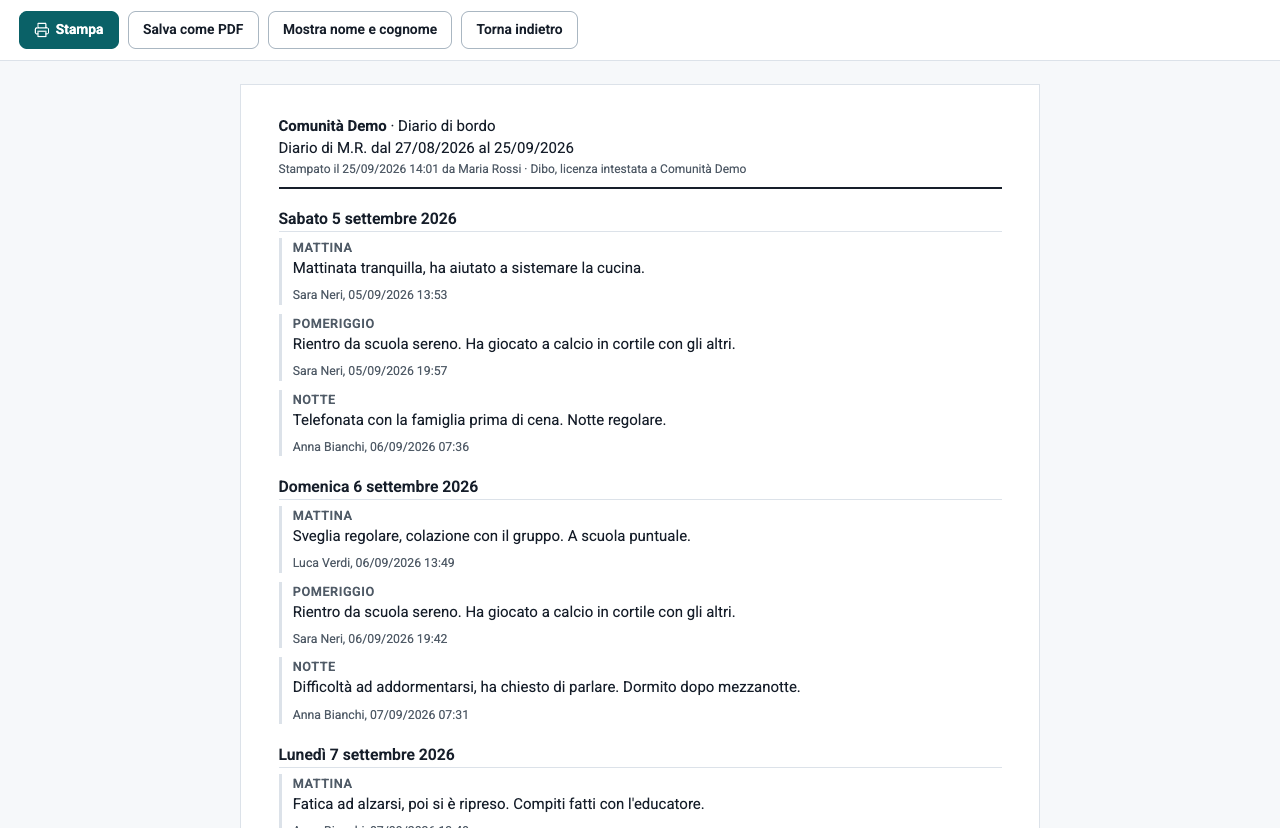 L'anteprima di stampa del diario di un ospite con i pulsanti Stampa, Salva come PDF e Mostra nome e cognome