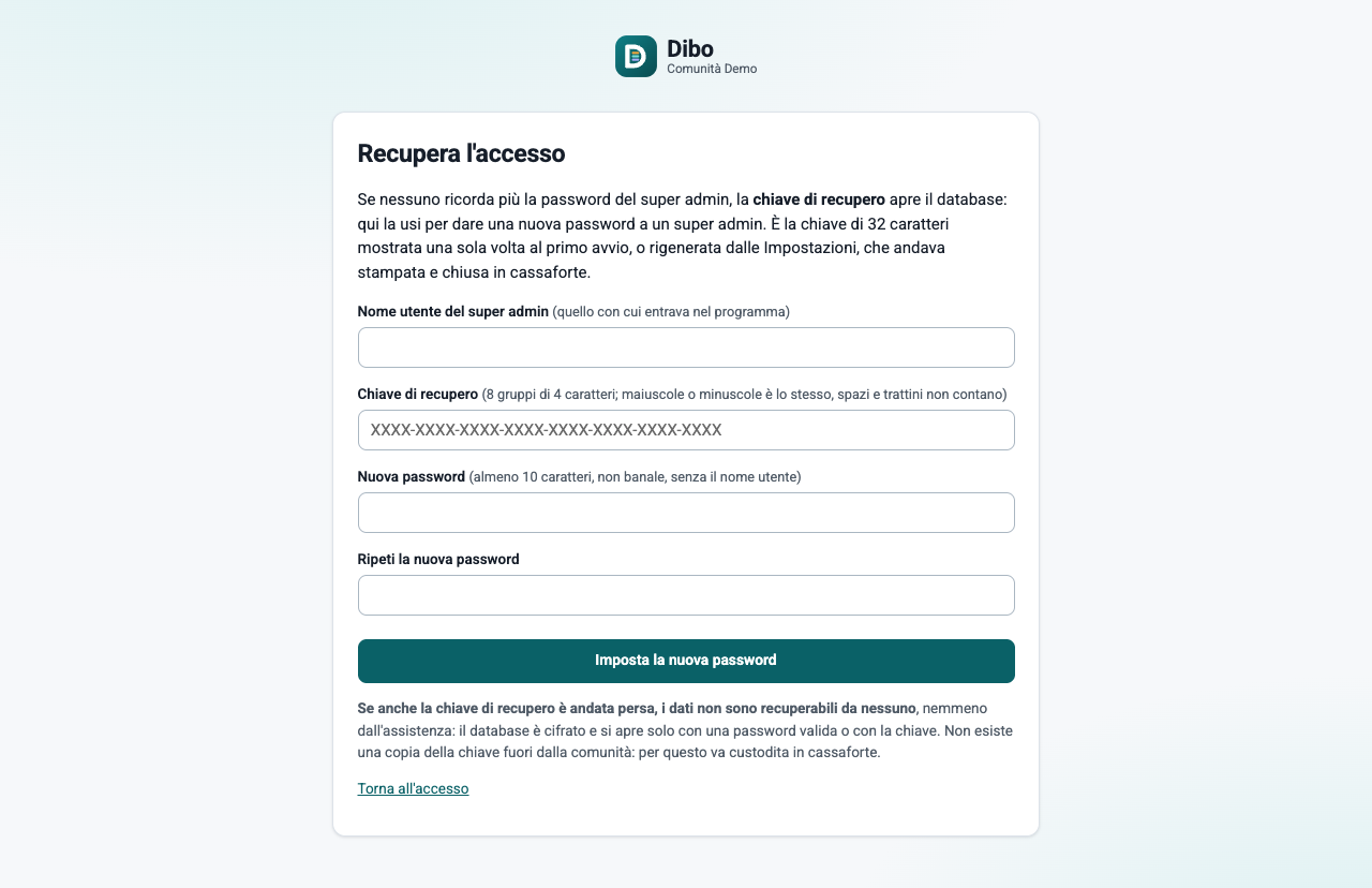 La pagina Recupera l'accesso con nome utente del super admin, chiave di recupero e nuova password