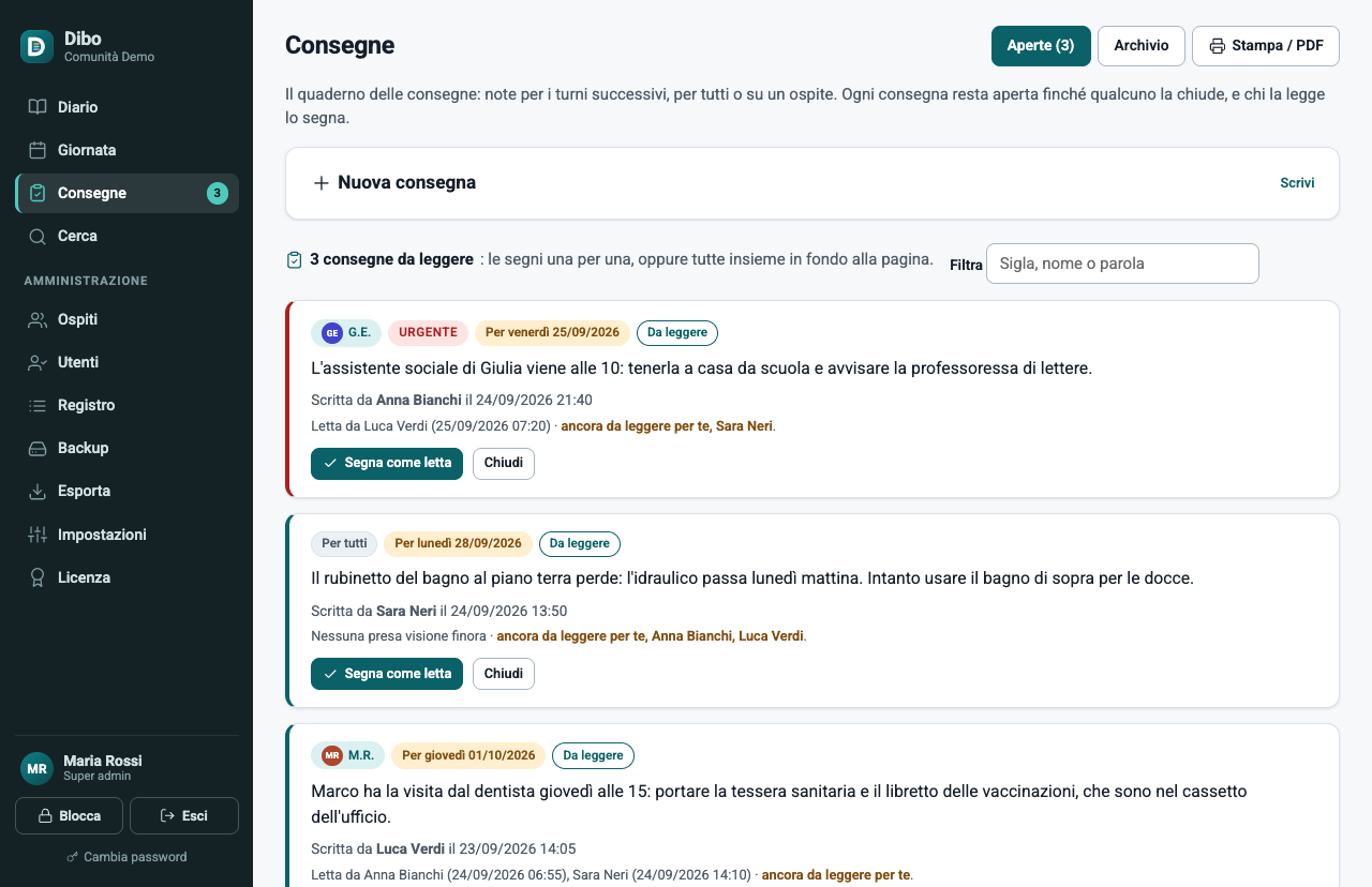 La pagina Consegne con tre consegne da leggere, prima quella urgente, con le etichette, chi le ha lette, il pulsante Segna come letta e il numero delle non lette nel menu