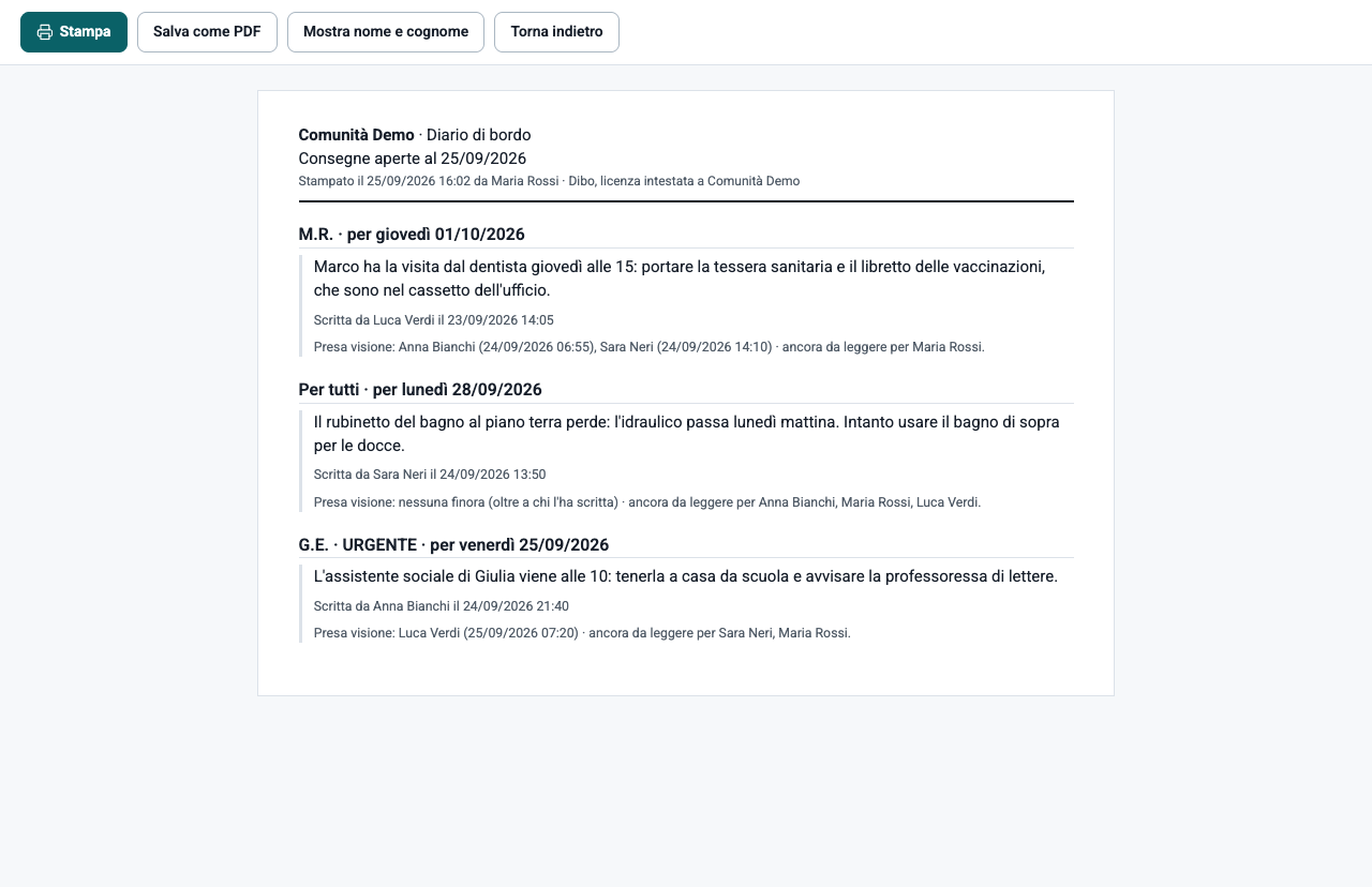 L'anteprima di stampa "Consegne aperte al 25/09/2026" con, sotto ogni consegna, la presa visione e chi deve ancora leggere