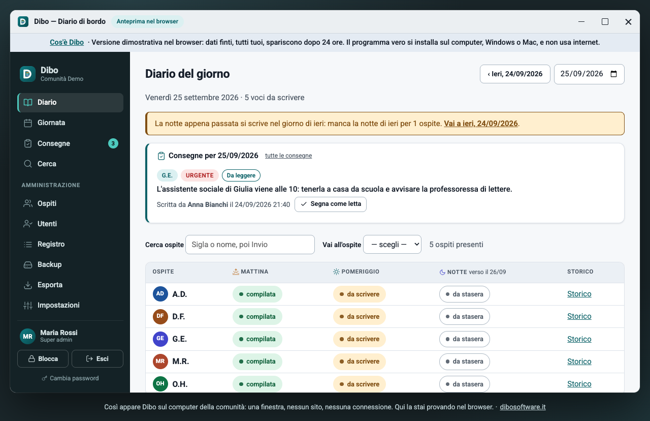 La demo di Dibo nel browser, con la cornice a finestra, il diario del giorno e le consegne del giorno