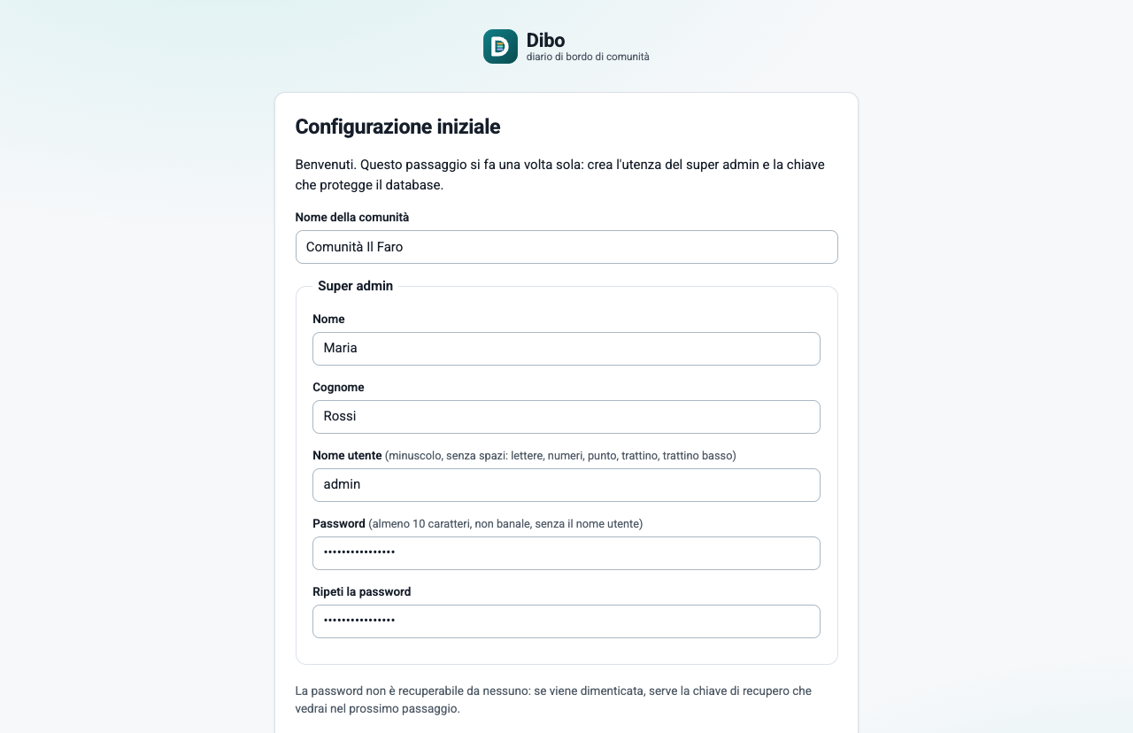 La configurazione iniziale con il nome della comunità e i dati del super admin