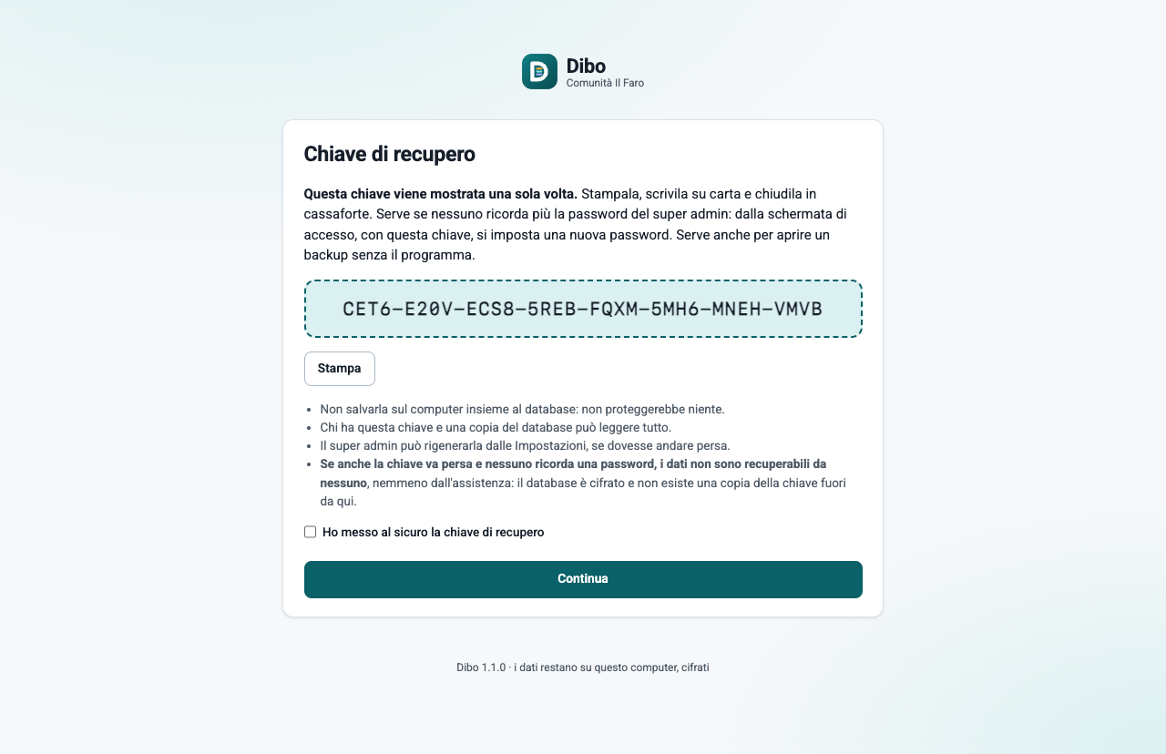 La chiave di recupero mostrata al primo avvio, con il pulsante Stampa e la conferma di averla messa al sicuro
