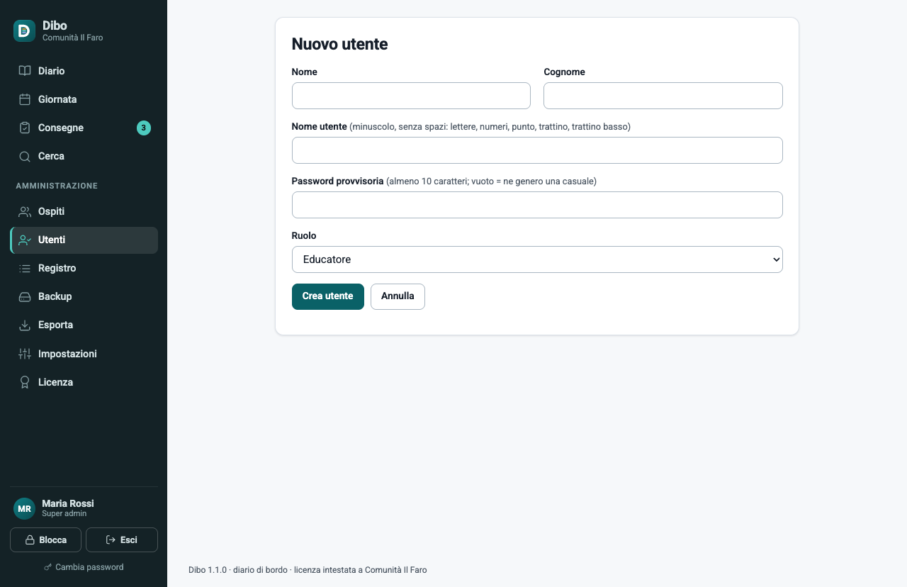 Il modulo Nuovo utente con nome, cognome, nome utente, password provvisoria e ruolo