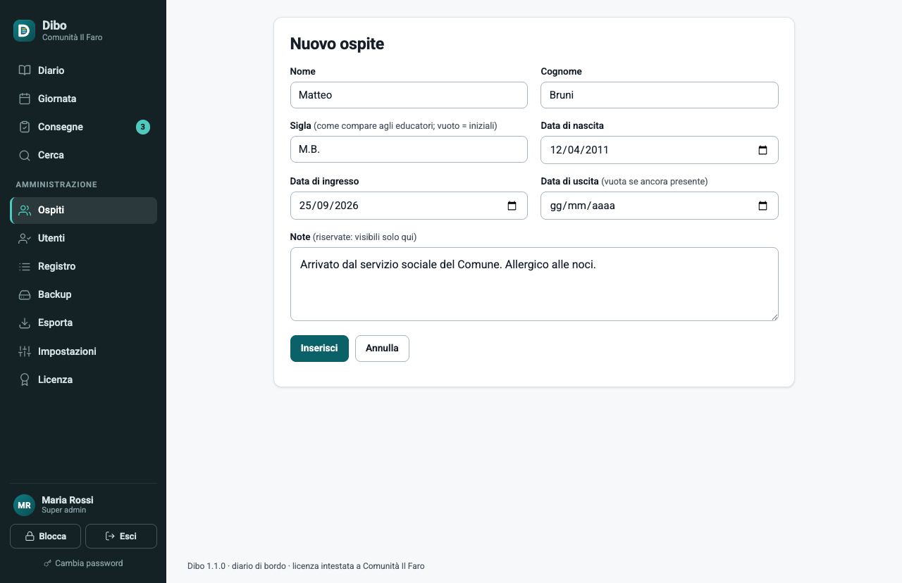 Il modulo Nuovo ospite con nome, cognome, sigla, data di nascita, ingresso, uscita e note