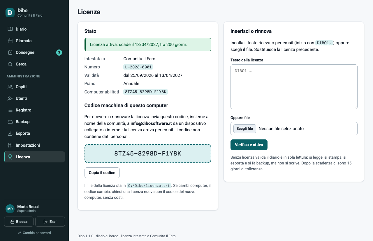 La pagina Licenza con la licenza attiva, la scadenza, il codice macchina del computer e il riquadro per incollare la licenza