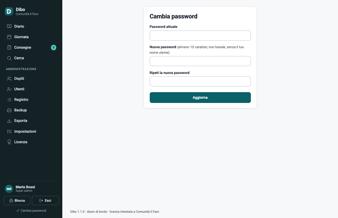 La pagina Cambia password con password attuale, nuova password e conferma