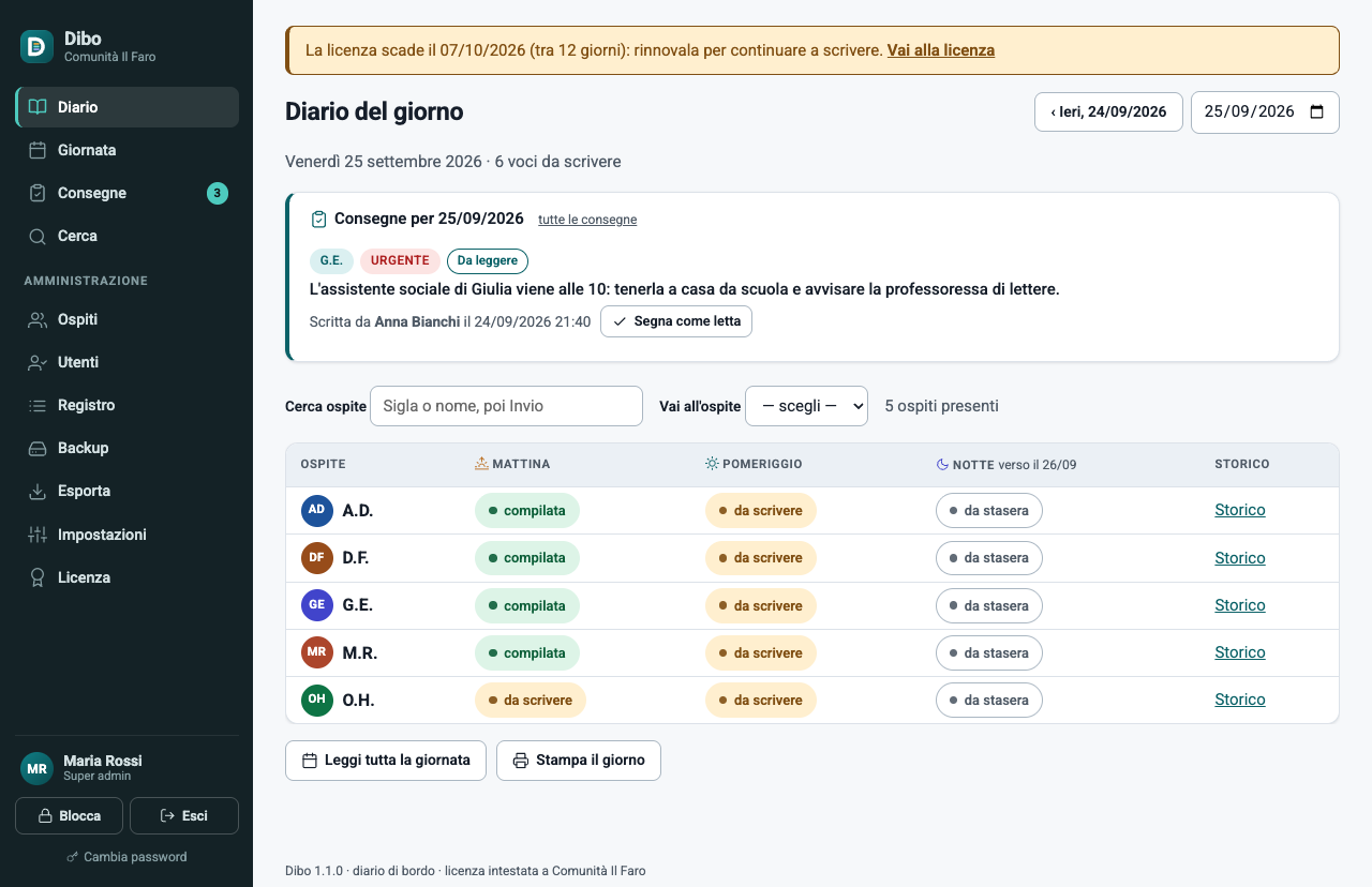 L'avviso di scadenza della licenza in alto nel diario, con il collegamento alla pagina Licenza