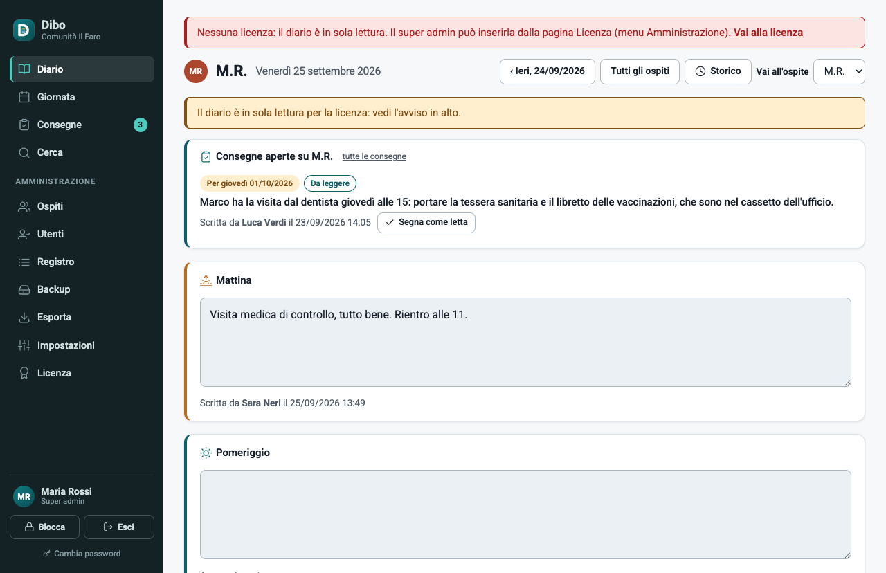 L'editor in sola lettura senza licenza, con l'avviso e i riquadri non modificabili